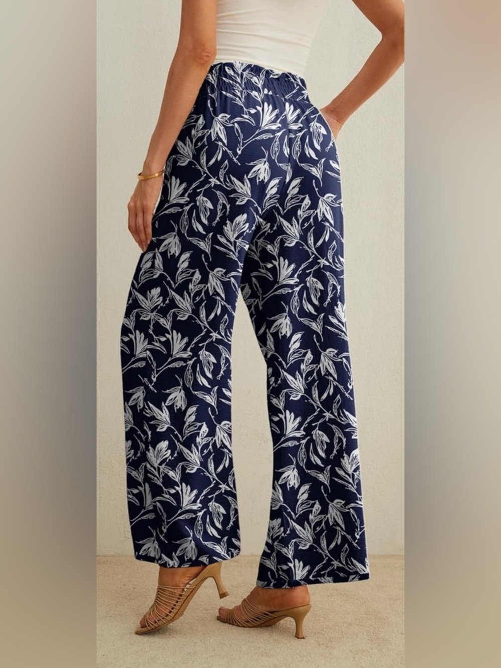 Wide Leg Floral Print Pants - Navy & White - Picture 2 of 7